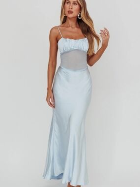 NWT Selfie Leslie Pale Blue Sheer-Panel Slip Maxi Dress